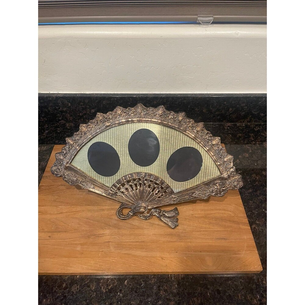 Vintage Heavy Brass Fan-Shaped Triple Photo Frame